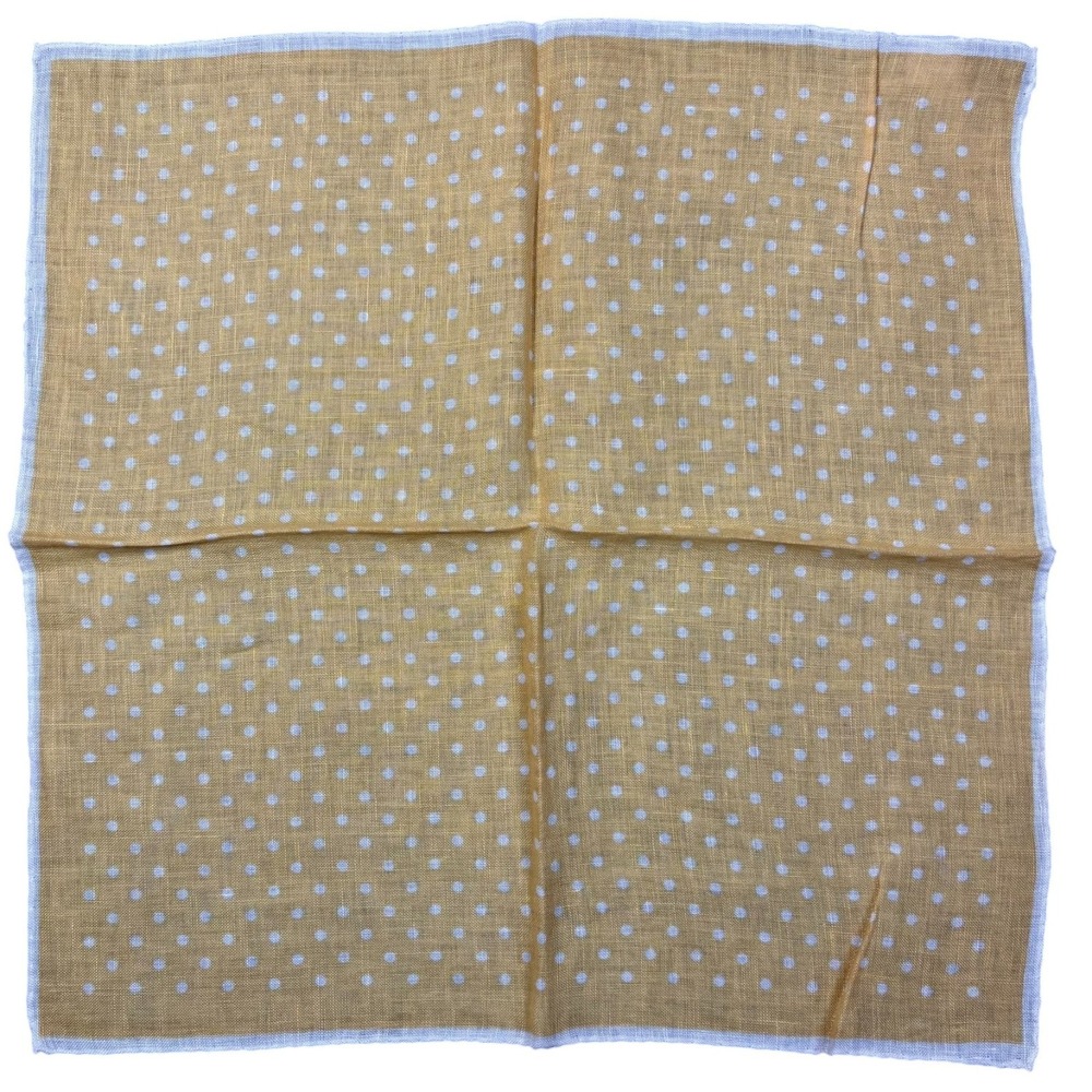 Breuer Linen Pocket Square Yellow White Polka Dot Made in Italy 15.5"